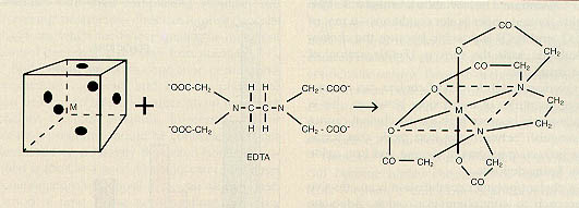 Figure 12-10. Most metals have six reactive coordination sites. EDTA can effectively tie into each coordination site and produce a stable complex.