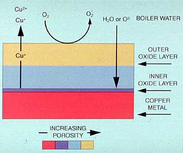 Figure 19-2. Unlike protective magnetite layers, copper oxide layers are porous and allow water, oxygen, and copper ions to move to and from the metal surface.