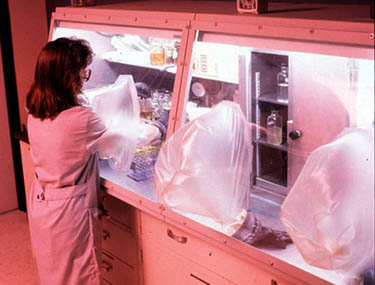 Figure 26-6. Cultivation of organisms sensitive to oxygen can be accomplished in this anaerobic glove box.