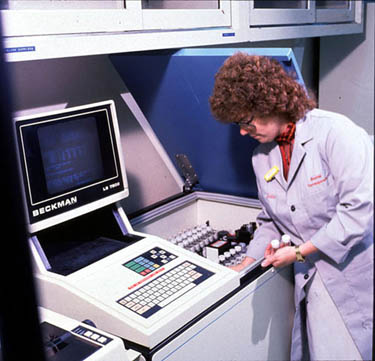 Figure 26-7. Microbial incorporation of radiolabeled nutrient, an indicator of microbial activity, is measured with this liquid scintillation counter.