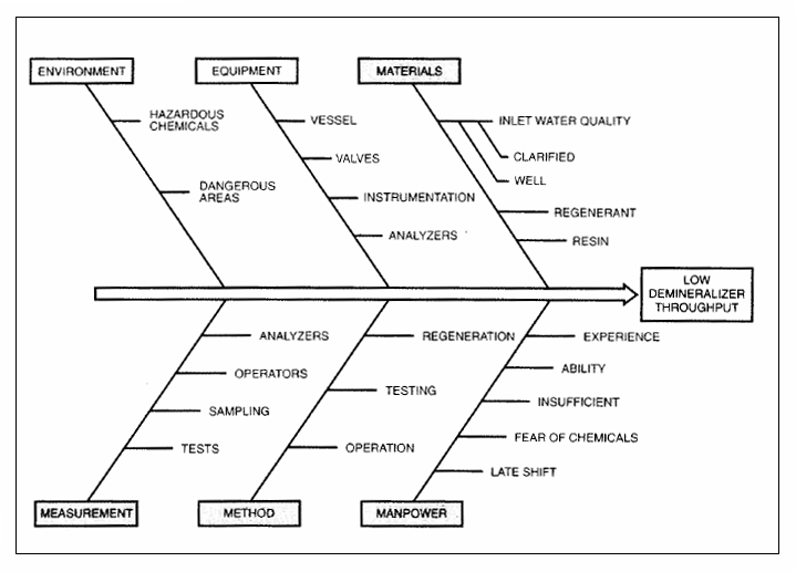  Cause-effect diagram presents possible causes for reduced demineralizer throughput