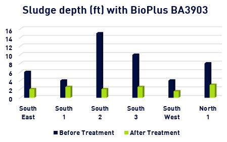 Figure 1: Sludge depth changes with treatment in noted areas of the lagoon