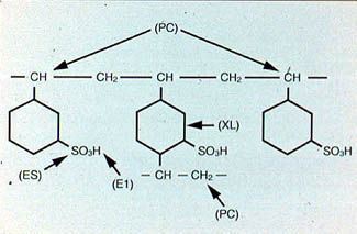 Chemical structural formula of sulfonic strong acid cation resin (Amberlite IR-120), (XL): cross link; (PC): polymer chain; (ES): exchange site; (EI): exchangeable ion