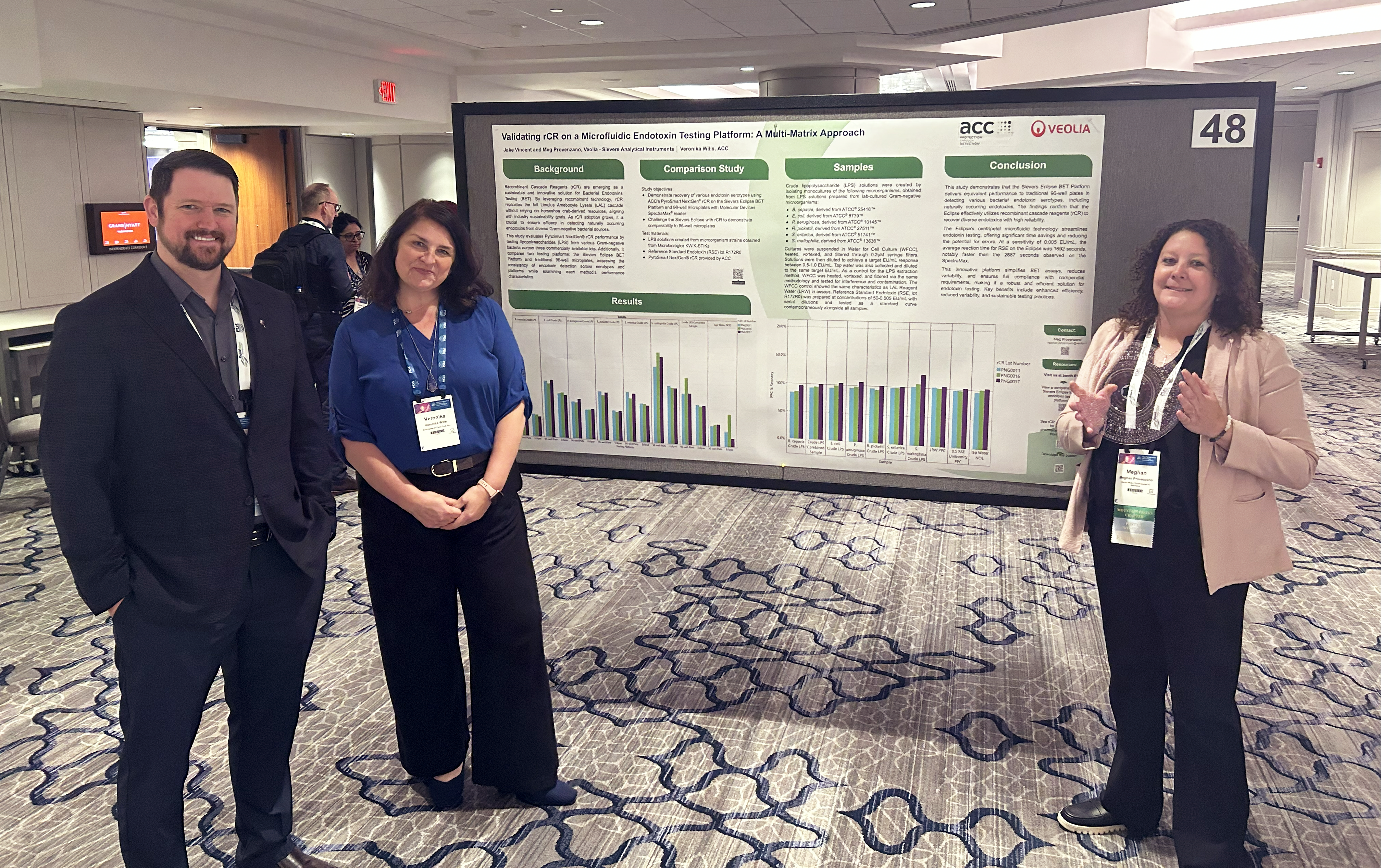 Jake Vincent (Veolia), Veronika Wills (ACC), and Meg Provenzano (Veolia) present research at the PDA Pharmaceutical Microbiology Conference.