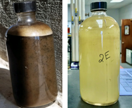 未经处理的盐水废水（左）和经suez处理的盐水废水（右）。