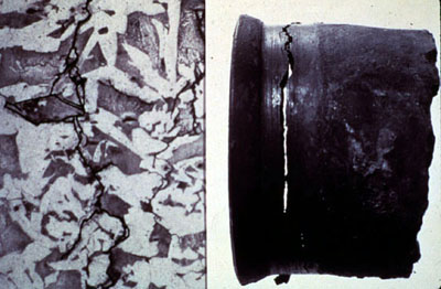 Figure 11-6. Caustic stress corrosion cracking (embrittlement) of a boiler tube. Photomicrograph shows intercrystalline cracking.