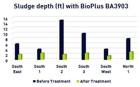 Figure 1:  Sludge depth changes with treatment in noted areas of the lagoon 